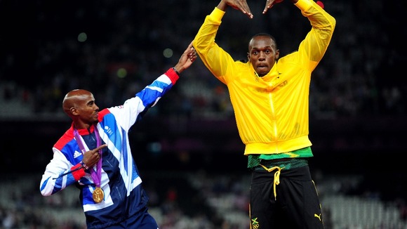 Mo Farah and Usain Bolt mimic each other's famous victory celebrations.
