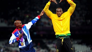 Mo Farah and Usain Bolt mimic each other's famous victory celebrations.