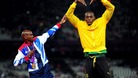 Mo Farah and Usain Bolt mimic each other's famous victory celebrations.