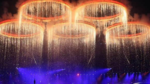 The Olympic Rings come together in formation during the Opening Ceremony