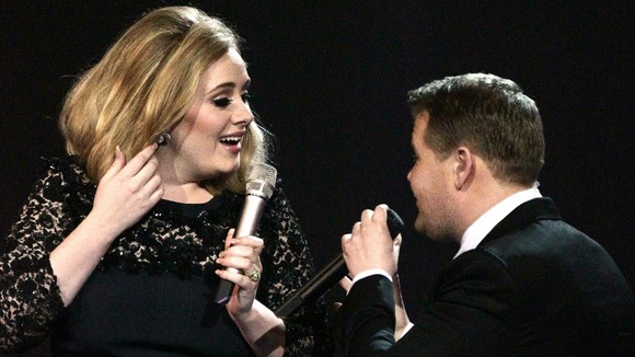 James Corden cuts short Adele's acceptance speech for Album of the Year, during the 2012 Brit Awards