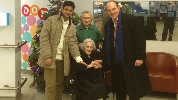 Shaker Ahmad, Vera Law and Simon Hughes (left to right) with 113-year-old Grace Jones.