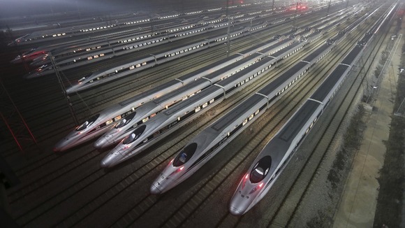 CRH380 Harmony bullet trains are seen at a high-speed train maintenance base in Wuhan