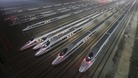 CRH380 Harmony bullet trains are seen at a high-speed train maintenance base in Wuhan