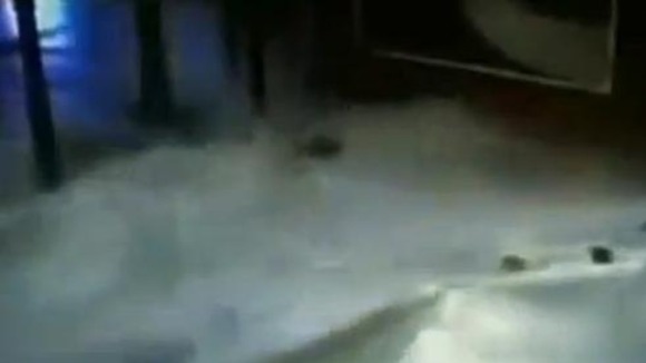 The aquarium shatters and the sharks are released