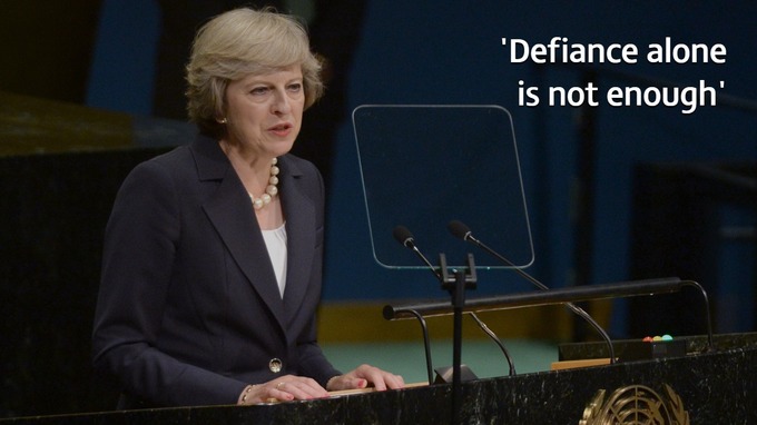 The PM will use her platform at the UN to call on web giants to go 'further and faster'.