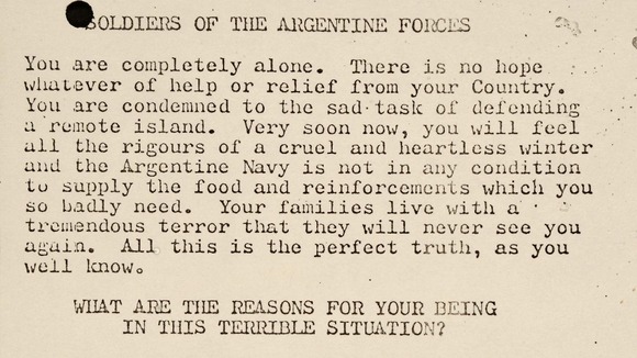 A leaflet produced to drop on Argentine forces on the Falkland Islands.