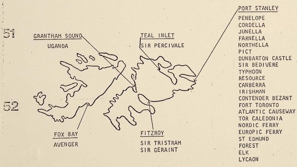 A map detailing information about British military positions around the Falkland Islands.