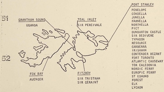 A map detailing information about British military positions around the Falkland Islands.