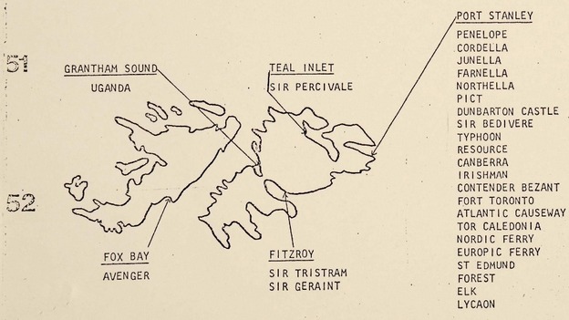 A map detailing information about British military positions around the Falkland Islands.