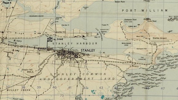 A map showing British forces surrounding Port Stanley in 1982 during the conflict.