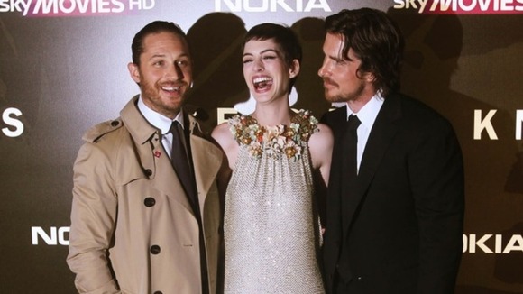 The Dark Knight Rises co-stars Tom Hardy, Anne Hathaway and Christian Bale at the UK premiere