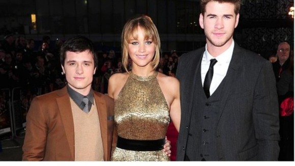 The Hunger Games stars Josh Hutcherson, Jennifer Lawrence and Liam Hemsworth (L-R)  at the 02 in London