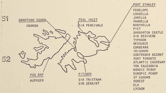 A map detailing information about British military positions around the Falkland Islands