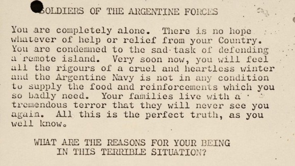 A 'Condemned Islands' leaflet produced to drop on Argentine forces on the Falkland Islands