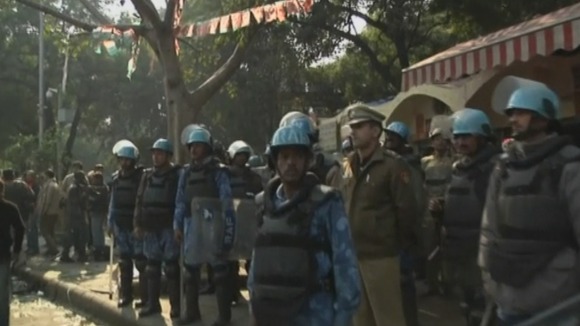 Police officers sealed off the India Gate area in anticipation of protests