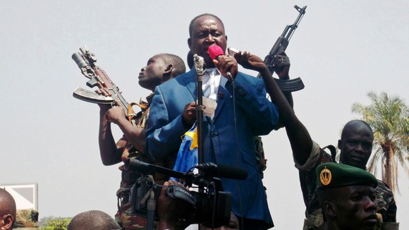 Central African Republic President Francois Bozize speaks to anti-rebel protesters in Bangui during an appeal to US and France for help.