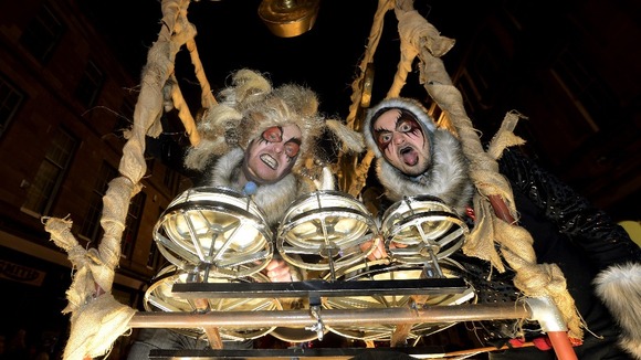 Revellers in their "Thunder Cart" during the New Year celebration parade through Newcastle city centre