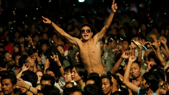 People celebrate at Burma's first public New Year countdown celebration