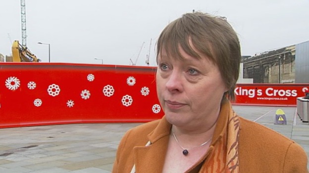Maria Eagle speaking outside Kings Cross station today