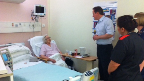 David Cameron talking to patient Ursula Chambers from Derby