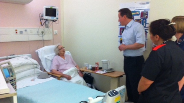David Cameron talking to patient Ursula Chambers from Derby