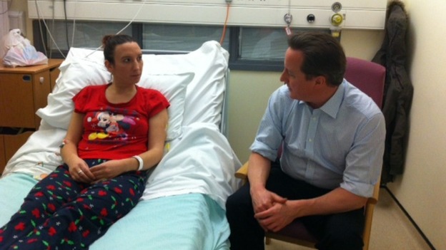 David Cameron talking to patient Cheryl Burns from Ilkeston
