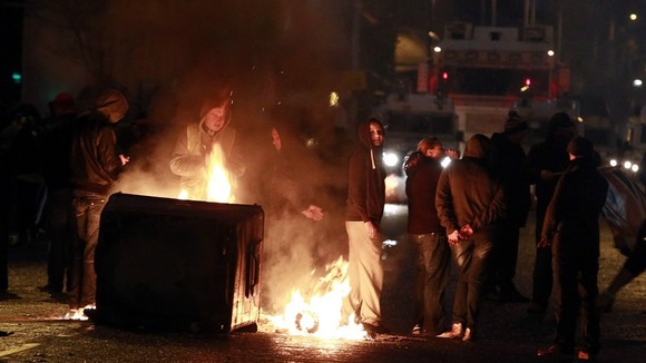 A burning barricade on the Newtownards road area of Belfast.