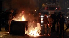 A burning barricade on the Newtownards road area of Belfast.
