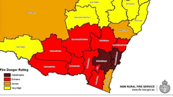 A New South Wales Fire Service map of areas that are in danger of wildfires