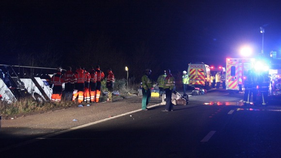 Overturned coach on the M3