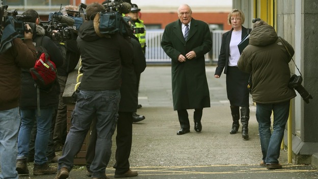 Stuart Hall leaving Preston Magistrates Court today