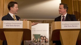 Deputy Prime Minister Nick Clegg and Prime Minister David Cameron at a Downing Street press conference to launch their Mid-Term Review