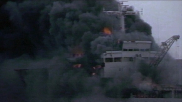 The ship, Sir Galahad, on fire