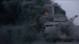 The ship, Sir Galahad, on fire