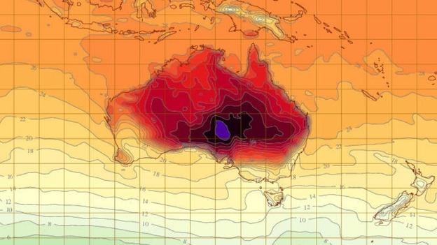 Heat soars on Australian Bureau of Metereology temperature map.