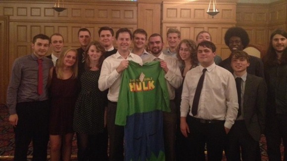Nick Clegg won his 'Incredible Hulk' onesie while visiting the youth and student wing of the Liberal Democrats in Sheffield