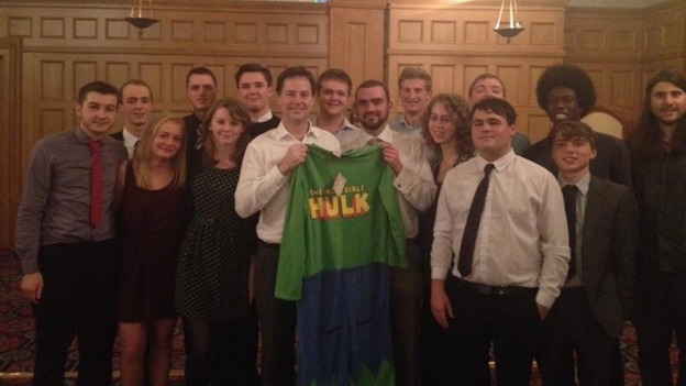 Nick Clegg won his 'Incredible Hulk' onesie while visiting the youth and student wing of the Liberal Democrats in Sheffield