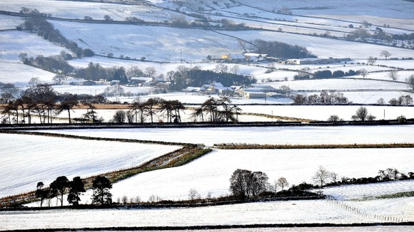Snow covered fields near Tow Law in County Durham today after overnight snow.