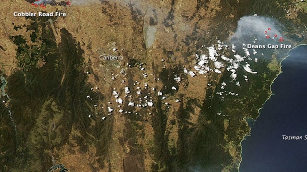 Large bush fires burning in eastern New South Wales, Australia, on 9 January 2013.