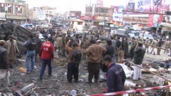 The scene after a bomb exploded in a commercial area in the city of Quetta, Balochistan province