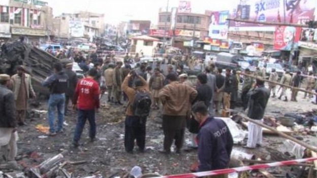 The scene after a bomb exploded in a commercial area in the city of Quetta, Balochistan province