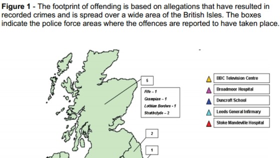 The map shows the footprint of Savile's offending and is based on allegations that have resulted in recorded crimes.