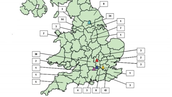 The boxes  indicate the police force areas where the offences are reported to have taken place.
