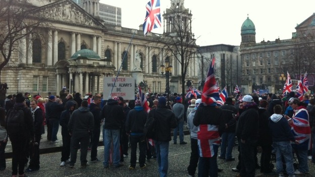 Belfast City Hall is a sea of union flags as Loyalists protest at the council's decision not to fly it everyday.