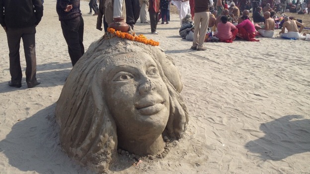 A sandcastle depicting the Hindu goddess Shiva