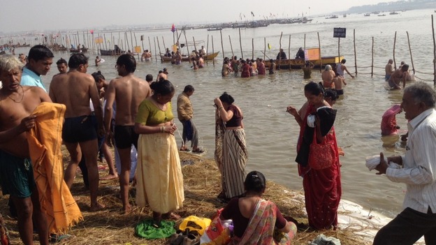 Hindu pilgrims in Allahabad, India where three holy rivers converge