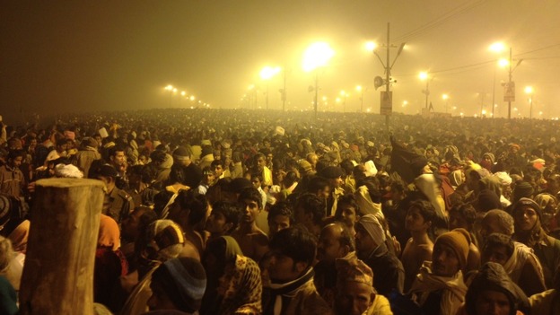 Crowds gather at the waterside waiting for first light