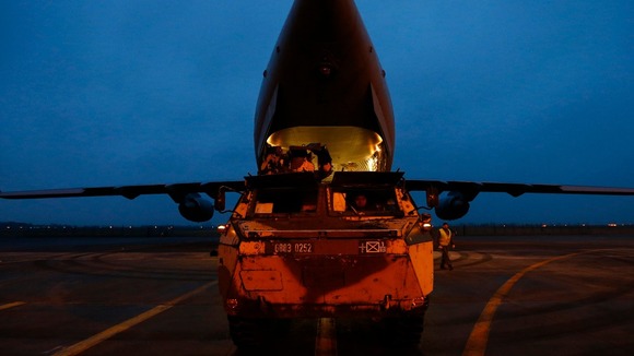 An RAF C-17 aircraft leaving northern France for Mali, yesterday.
