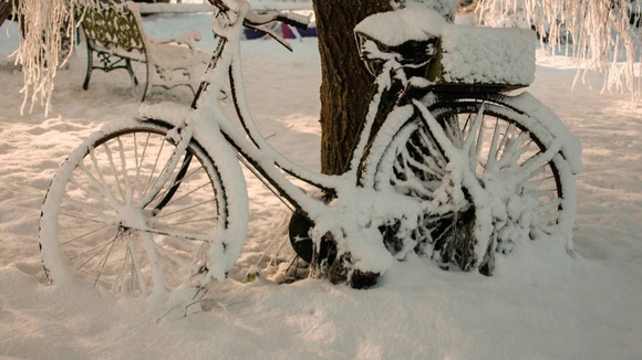 Bike in the snow at Yaxham near Dereham, Norfolk